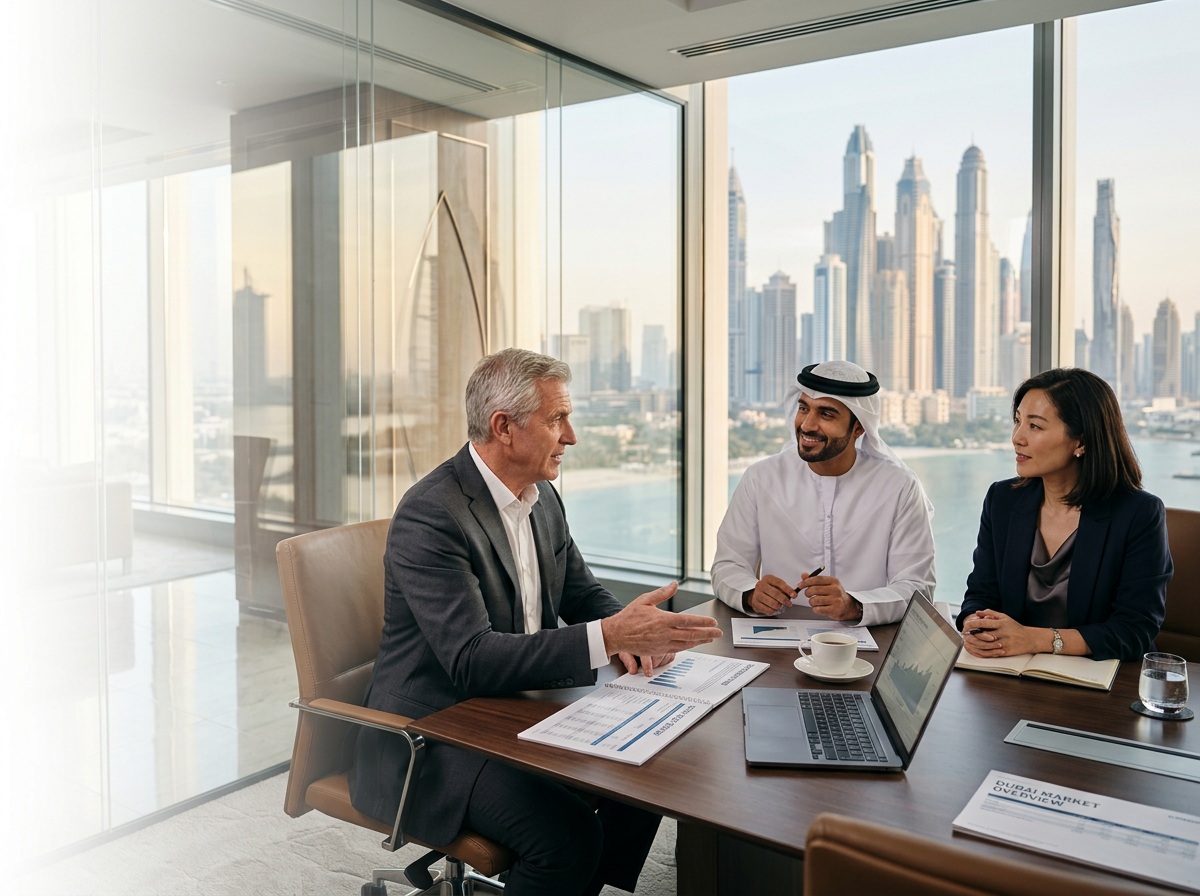 Business consultants discussing strategy in a modern Dubai office