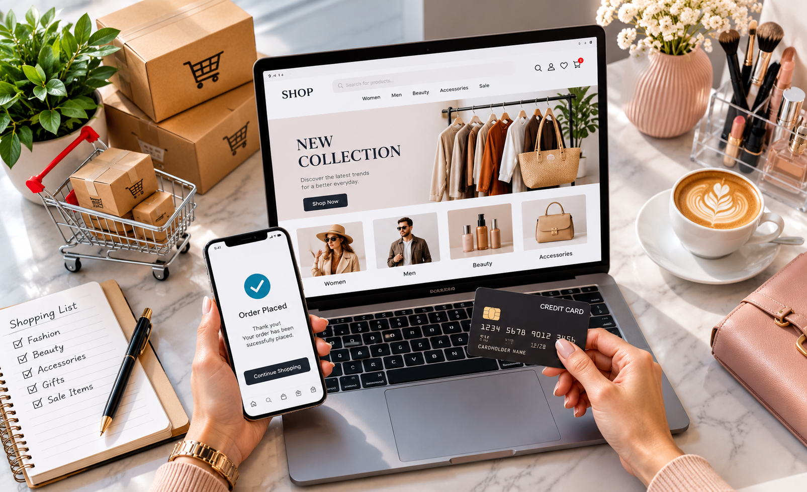 Online shopping setup with a laptop storefront and order confirmation